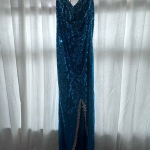 Vintage early 1980’s- Blue Sequin Gown with Silver Trim